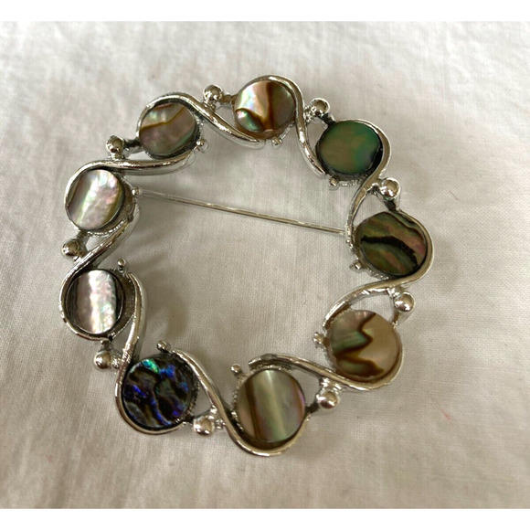 Abalone Shell Circle Pin Brooch Silver Tone Estate Jewelry - Picture 2 of 4